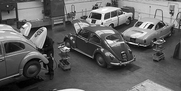 These pictures capture the scene of a typical VW workshop in Sixties.